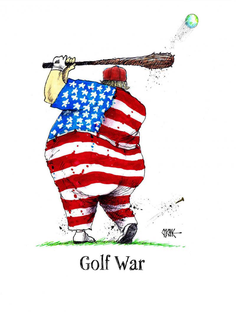 Donald Trump teeing off with a caveman club and planet earth ball.