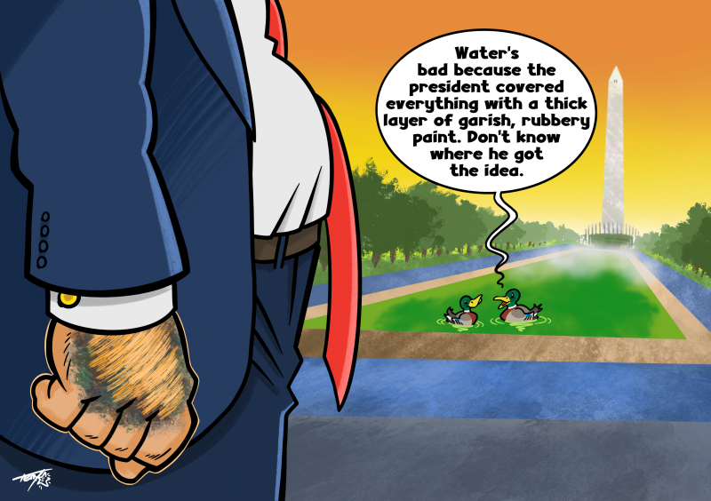 President Trump's painted hands, concealing bruises, are compared to the "cover up" at the Nationa Mall Reflecting Pool, also slathered in unsuitable pigment.
