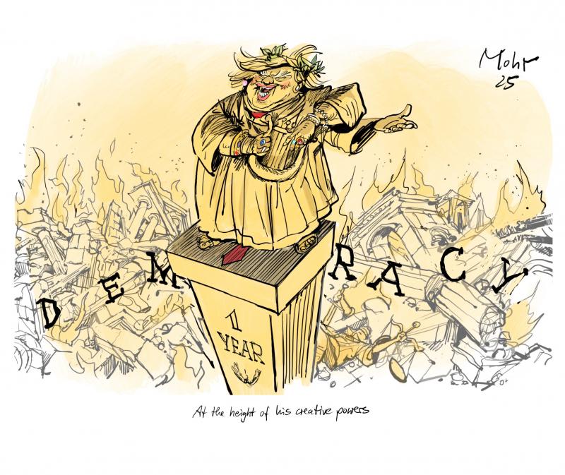 Trump as an emperor playing harp on a column above the destroyed democracy.