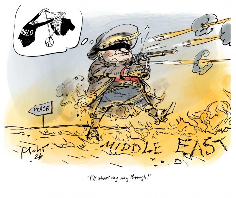 Trump as a trigger-happy cowboy on burning ground.