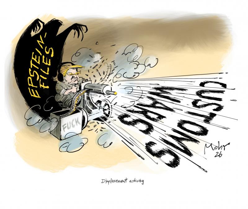 Trump shoots with a machine gun, threatened by an Epstein-shadow.