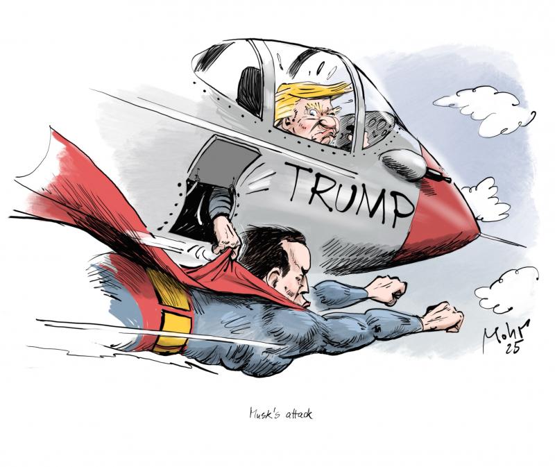 Superman Musk flying beneath Trump's fighter jet.