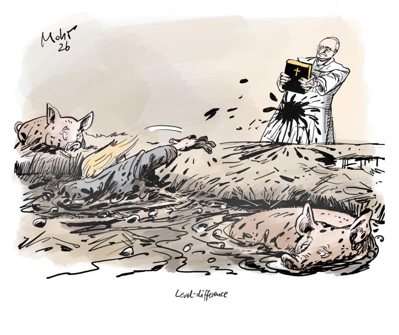 Trump with pigs in a manure pit throws dirt at the Pope.