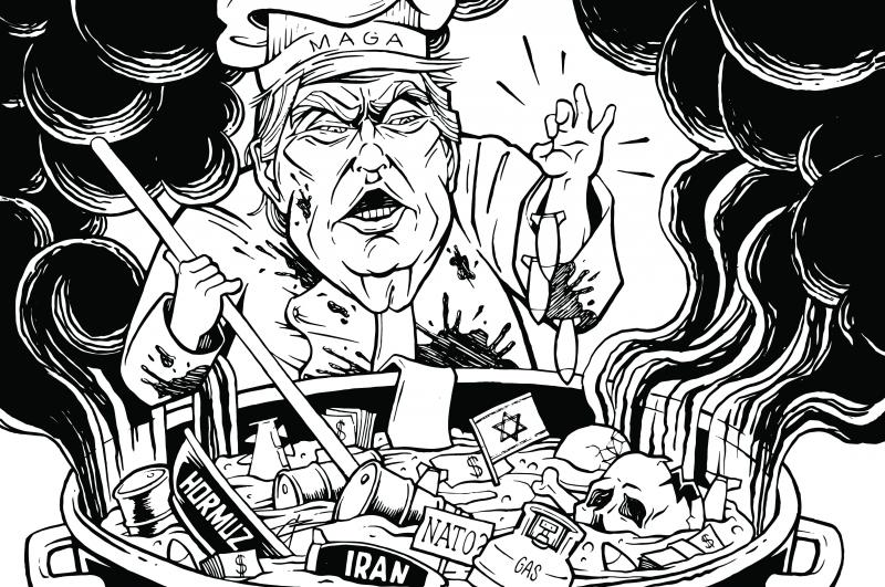 Cartoon showing Donald Trump wearing a chef's hat labeled 'MAGA', adding salt to a large cooking pot filled with a soup, in which a skull, an Israeli flag, a gas bottle, oil drums, a sinking oil tanker, a fighter jet, bombs, and money are floating. Thick black smoke is emanating from the soup.