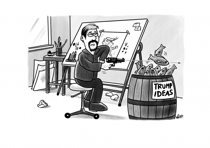 A cartoonist shoots a fish in a barrel entitled Trump ideas