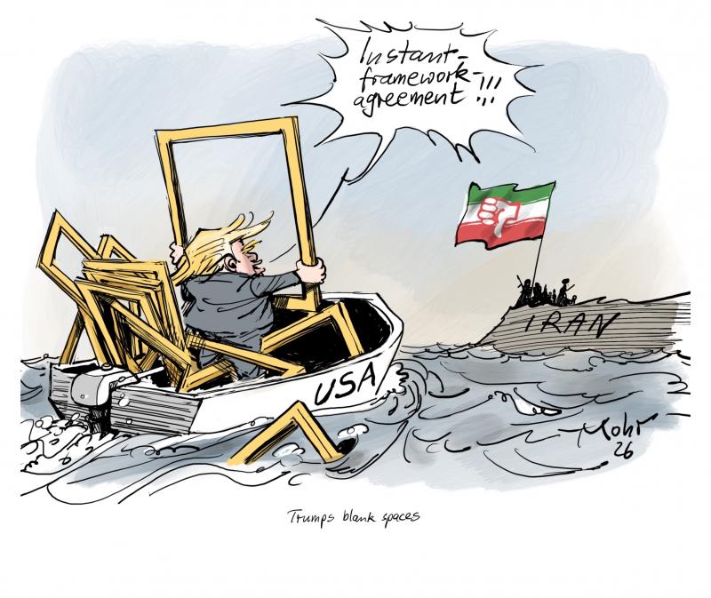 Trump in a boat with frames, searching for an agreement with Iran.