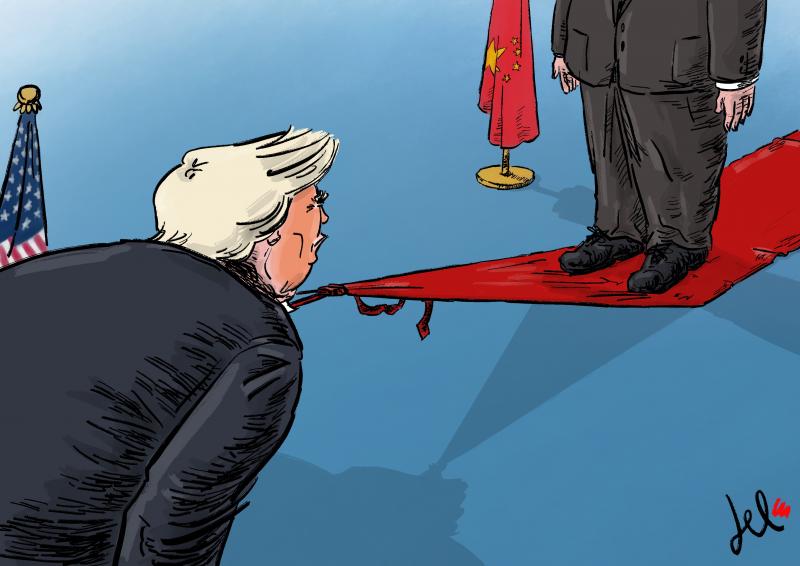 a cartoon about usa and china relations with trump and his tie like a red carpet