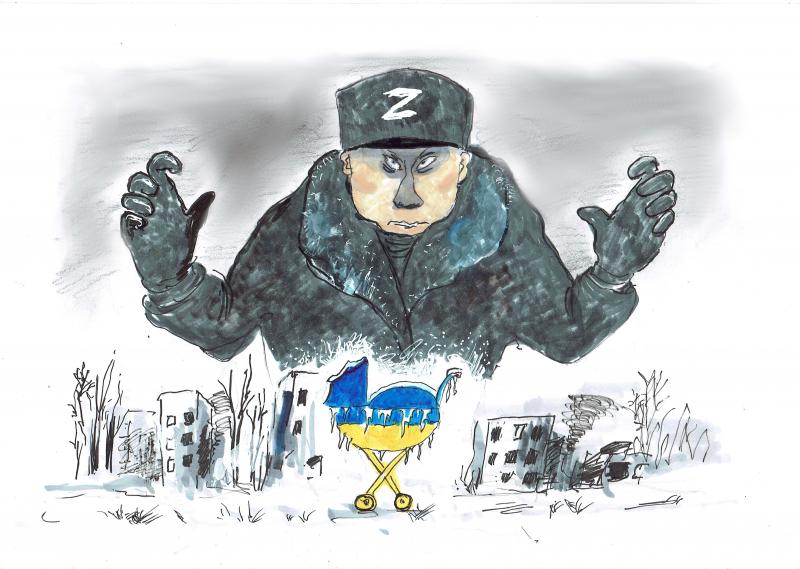 Cartoon showing a giant Putin, dressed in black with a military cap with a 'Z' on it, looking over a wintry landscape with dark buildings. In the foreground is a pram  in the colours of the Ukrainian flag with icicles hanging from it.