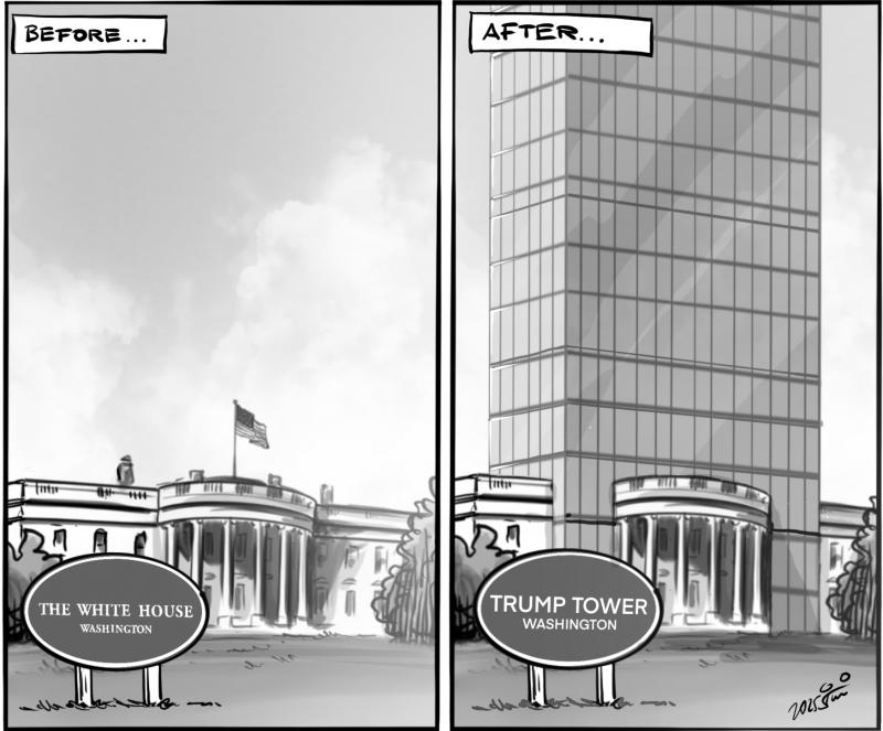 The White House is being rebuilt, firs picture shows the White house in Washington DC as we all know it, second picture shows a huge glass Skyscraper mounted on top of the White House, picturing the fictional outcome of the megalomaniac rebuild project.
