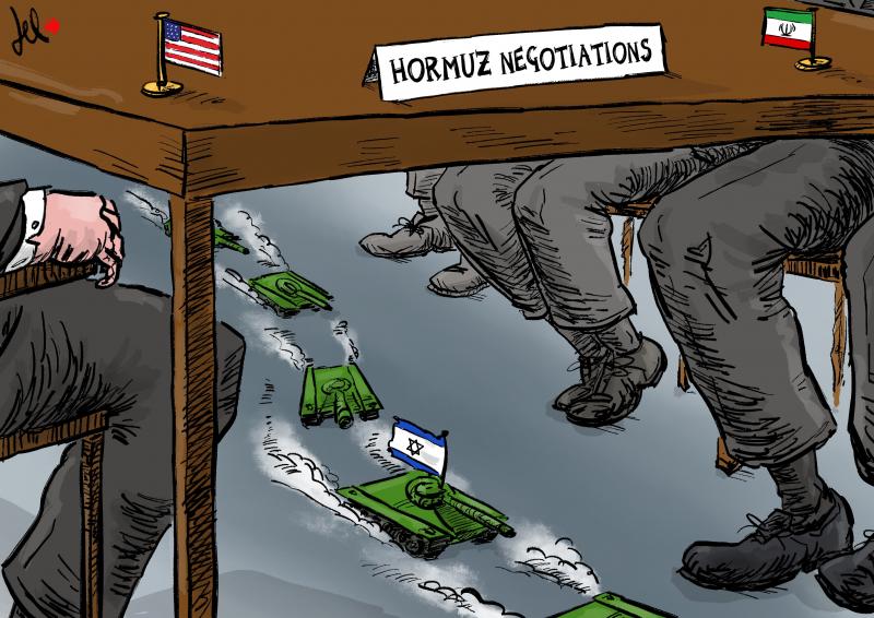 cartoon about hormuz negotiations as a table under which israel is passing