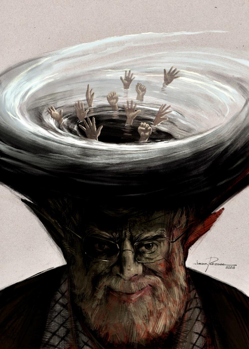 Cartoon showing a portrait of Iran's Supreme Leader Khamenei; his turban is drawn as a raging tornado, with the hands of protesters that are caught in the storm reaching out as if they are drowning.