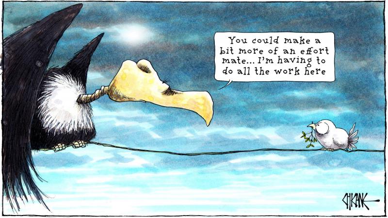 Death, represented by a vulture and the Peace dove share the same branch, with the buzzard compaining that he's overwoked, implying that his feathered company isn't doing it's job.