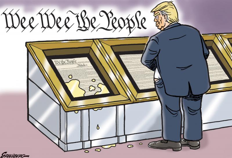 Donald Trump pisses on the U.S. Constitution as a headline, based on the very lettering of the document, indicates he indeed is doing a "wee wee" on it.