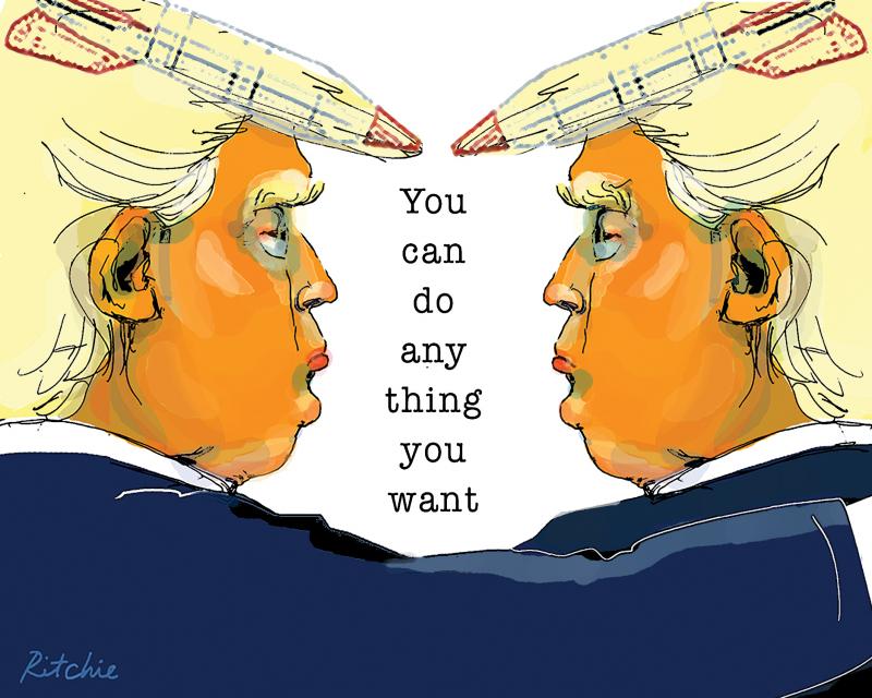 Trump gazing at his own reflection says to himself, 'You can do anything you want' with a warhead blended into his hair.