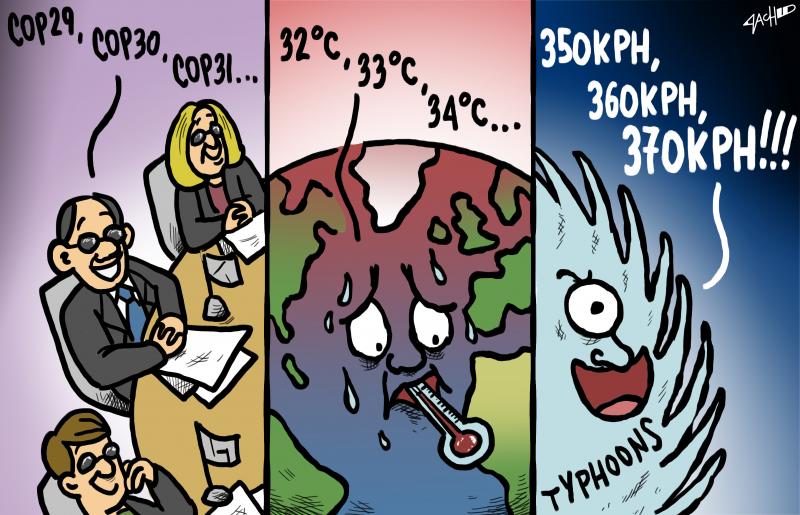Cartoon consisting of three panels. In the first we see people around a conference table counting 'COP29, COP30, COP31...'. In the second panel, we see an overheated earth with a thermometer in its mount, counting '32 degrees Celsius, 33 degrees Celsius, 34 degrees Celsius'. In the third panel we seen a typhoon happily counting '350kph, 350kph,370kph!'
