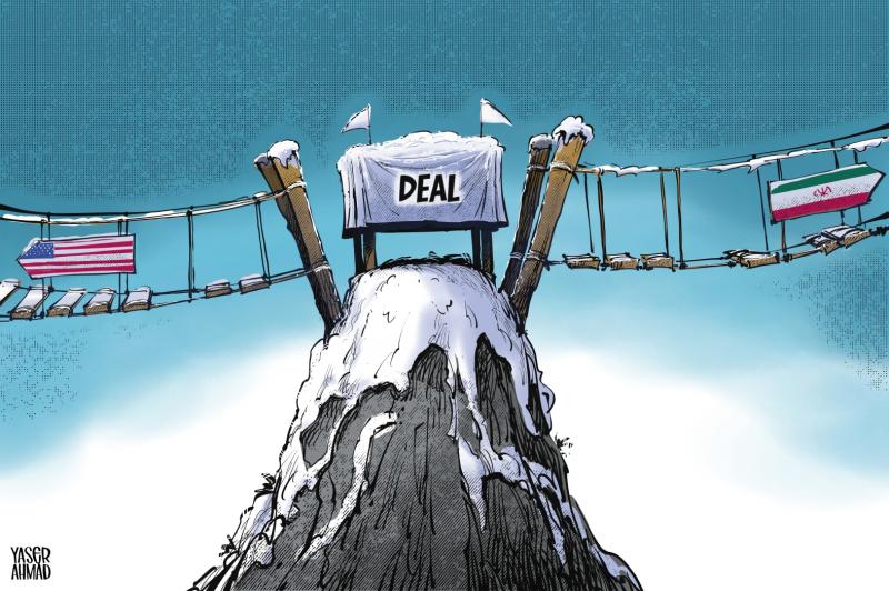 Cartoon showing a mountain summit with a table on it labeled ‘deal’.  The summit and the table are covered in snow. Two rickety hang bridges with numerous planks missing lead to the summit from both sides, one labeled with the US flag, the other with the Iranian flag.