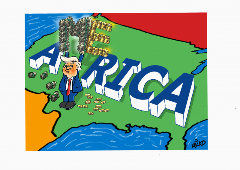 The word America with Trump spelling out the ‘me’ in cash and coins