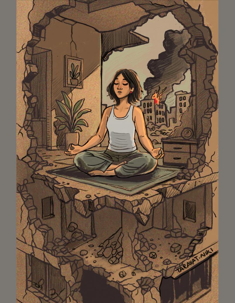 “Woman meditating in the ruins of a bombed city — calm posture in stark contrast to surrounding destruction.”