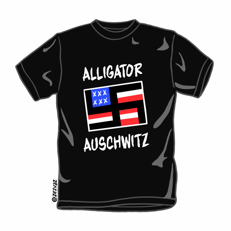 Cartoon by Zez Vaz depicting a graphic t-shirt with the American flag within a swastika, and it's written "Alligator Auschwitz".