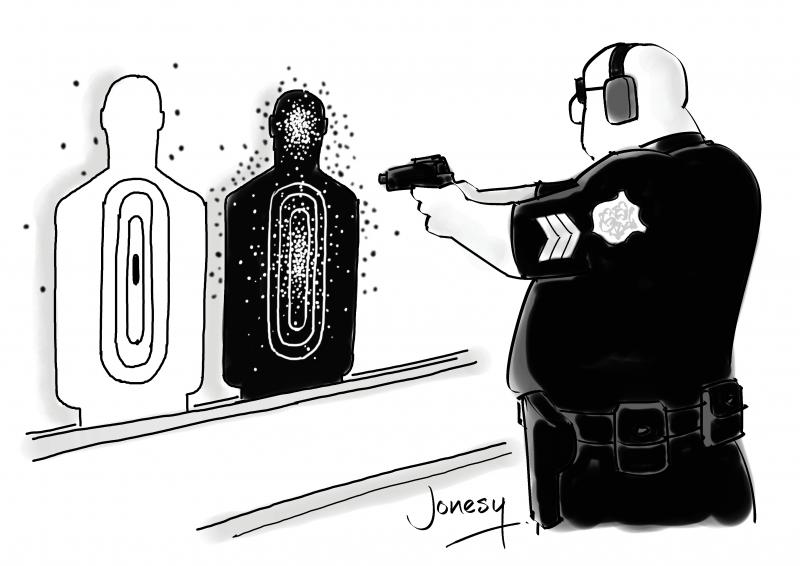 American policeman shooting at black target, ignoring the white one