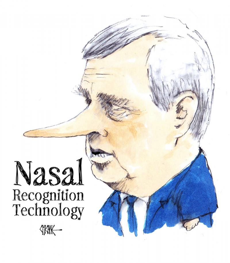 Former Prince Andrew's nose grows over the caption 'Nasal Recognition Technology.'