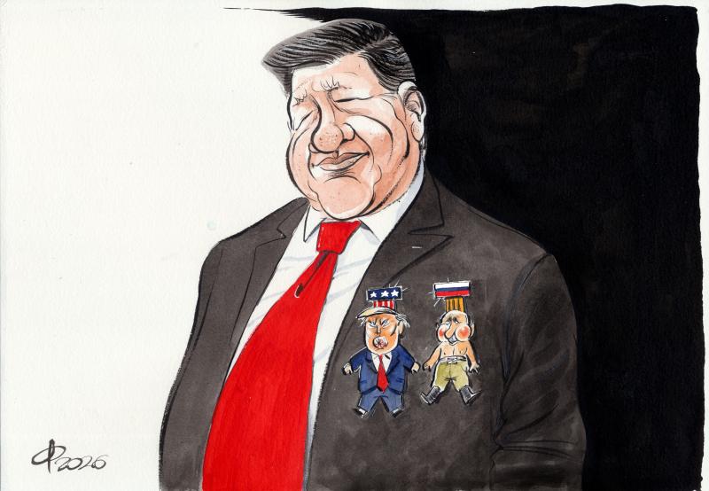 Cartoon showing Xi Jinping with two medals pinned on his breast, in the shape of Donald Trump and Vladimir Putin.