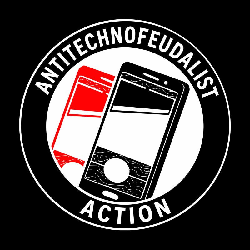 Fictional Antitechnofeudalist Action logo with two smartphones with a guillotine inside the screen, one is red and the other is black. Logo inspired by Antifascist Action. By Zez Vaz