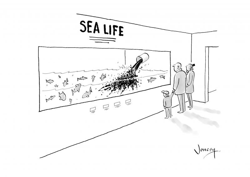 Family at an aquarium looking on as sewage is poured into a sea life display tank
