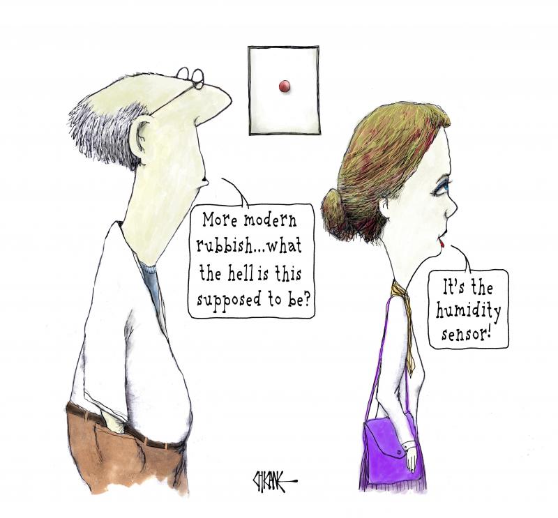 A couple in an art gallery. The man stops at a red 'button' on the wall and asks the woman,"More modern rubbish...what the hell is this supposed to be?" to which she replies,"It's the humidity sensor."