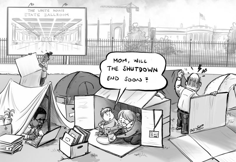 Cartoon showing civil servants living in tents on the sidewalk in from of the White House, because they cannot pay their mortgage. Behind them, the White House Ballroom is being built.