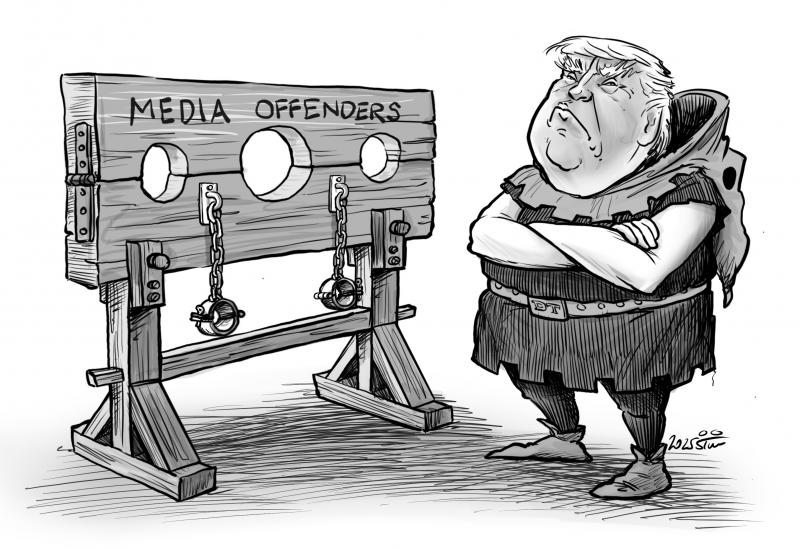 Donald Trump as medieval torturer in front of a pillory aimed at "Media Offenders".
