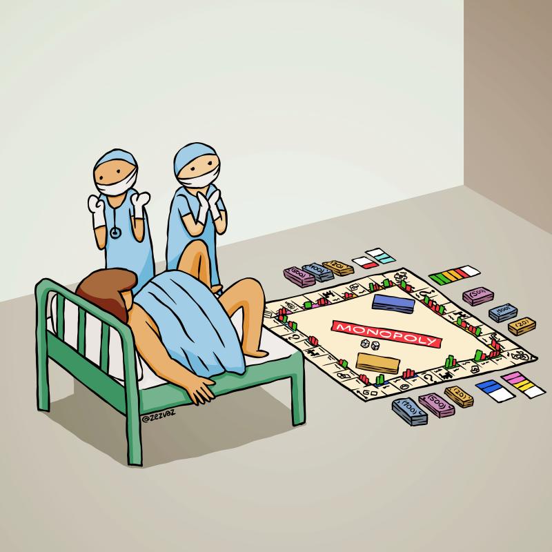 Cartoon by Zez Vaz depicting a woman giving birth, with nurses supporting her, while a Monopoly game sits mid-play at the edge of the bed.