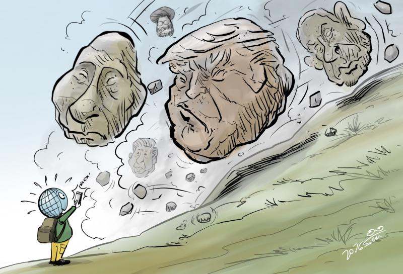 Huge Rocks in shape of Trump, Putin, Netanjahu are rolling downhill.