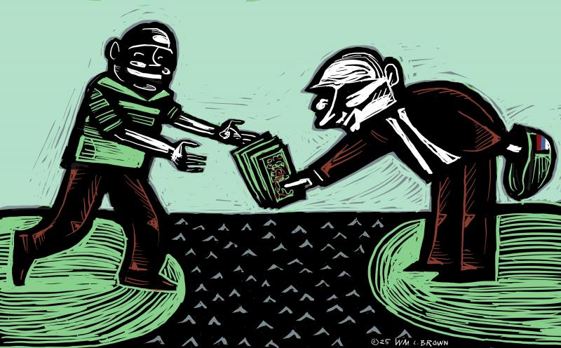 Putin offers money to an African across the water, but hides a military helmet behind his back.