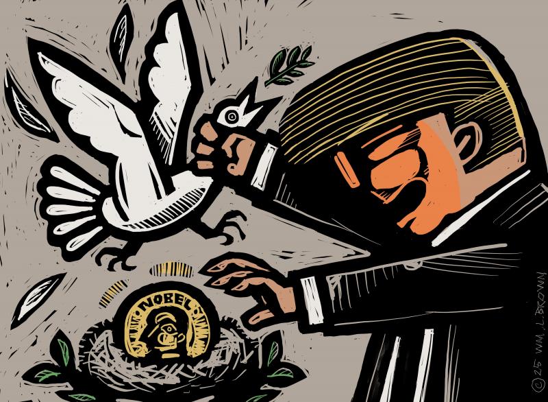 Donald Trump grabs peace-dove by the neck, taking the Nobel prize from her nest