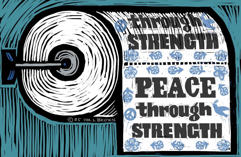 toilet paper printed with "peace through strength"