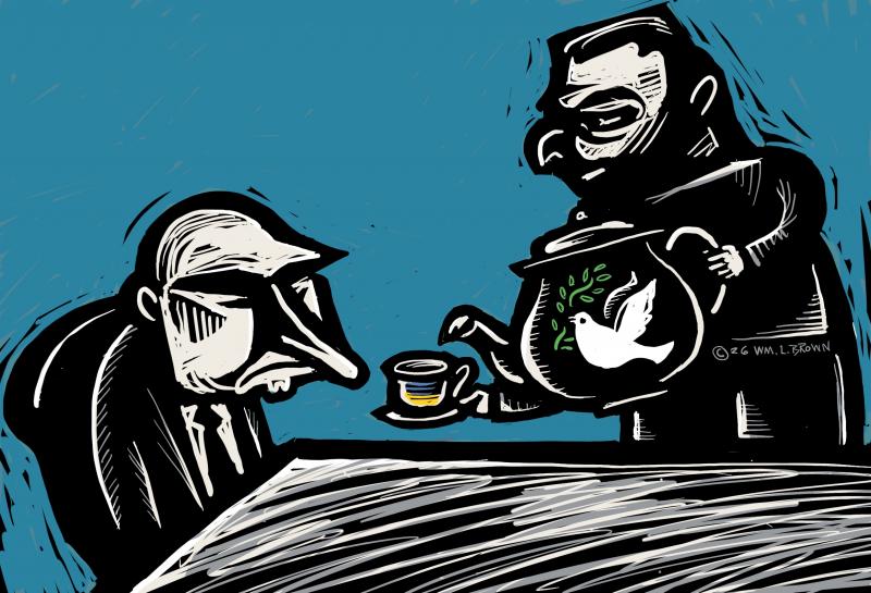 Zelensky serving an unhappy Putin a cup of tea from a pot with a peace-dove design on it.