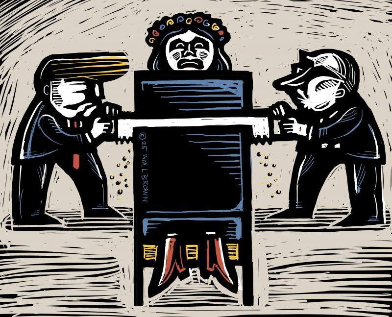 Trump and Putin sawing a woman representing Ukraine in two.