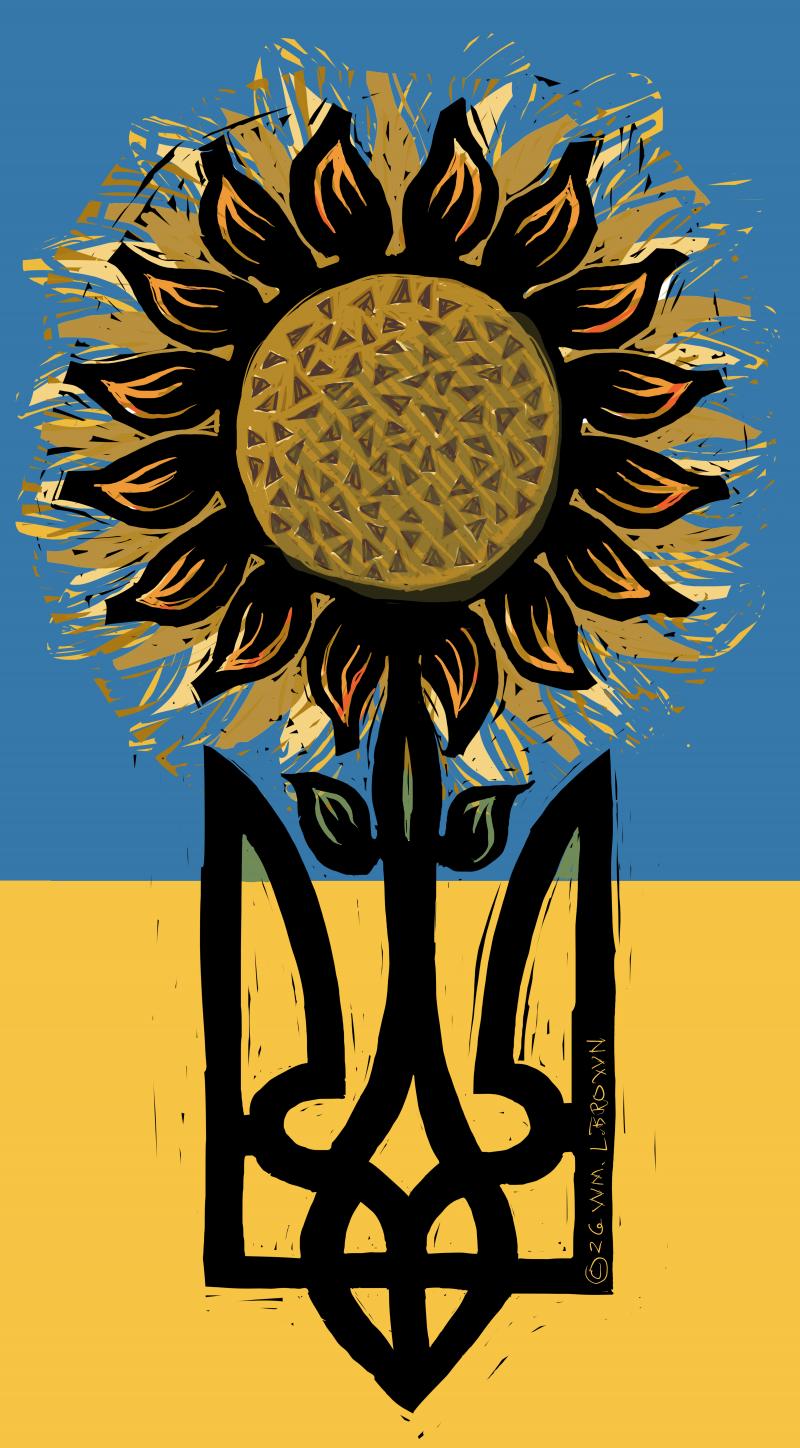 A sunflower blooms from Ukraine's trident symbol