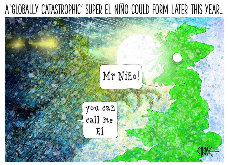 Meterologists have warned of a potentially 'globally catastrophic' El Nino weather system is due to arrive later in 2026. The cartoon depicts it decending on Britain , with the later gasping, "Mr Nino!" and  the weather bomb replying, "You can call me El."