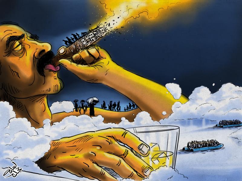 Cartoon showing a giant man lying back in a bathtub smoking a cigar and drinking a whisky. The cigar is made up of burning buildings and we can see refugees fleeing in crowded boats across the surface of the bath water.