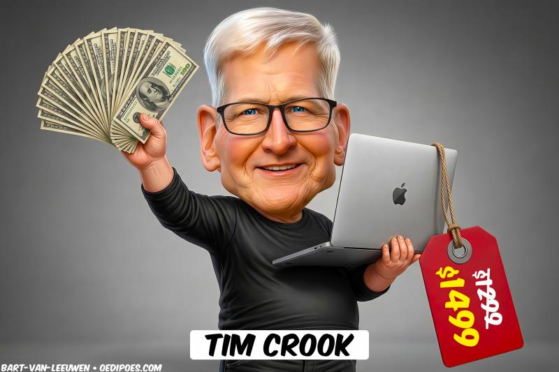 Tim Cook holding Macbook and dollar notes