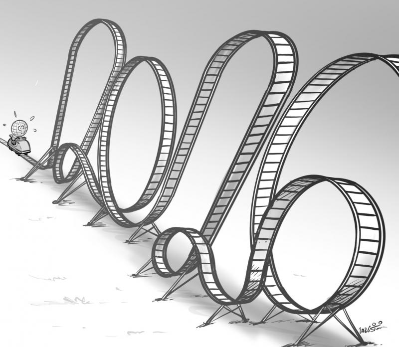 Year 2026 in shape of a rollercoaster, with the world just beginning the ride.