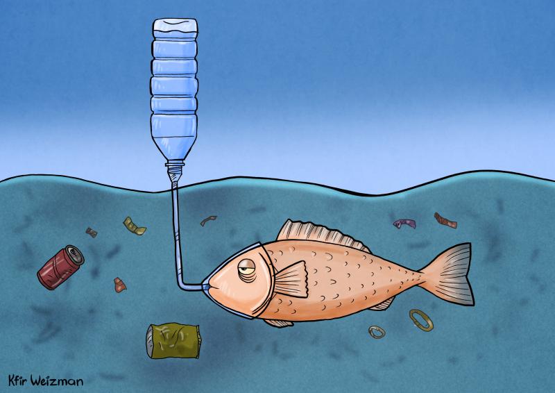 Cartoon showing a fish swimming in a very polluted ocean with pieces of plastic floating around. The fish is wearing a breather apparatus, connected by a straw to a bottle with clean water that is sticking out above the surface (like a snorkel).