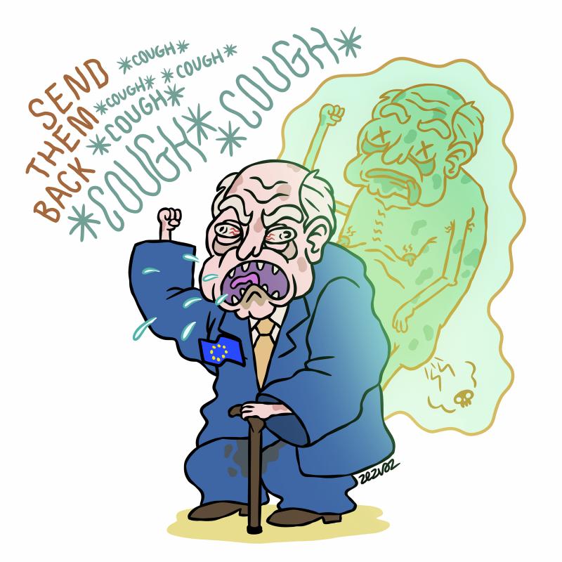 Cartoon by Zez Vaz depicting an angry old politician with his soul leaving his body, shouting "Send them back" while coughing.