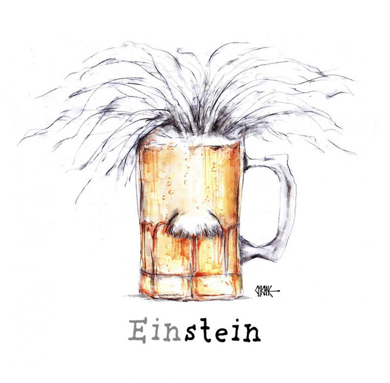 Caricature of Albert Einstein as a glass beer stein