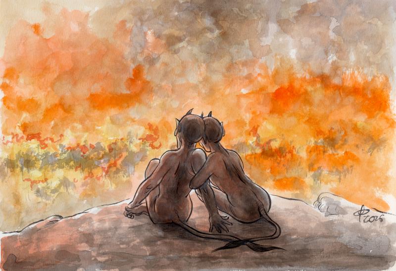Cartoon "European Summer" from the year 2026. A couple with small horns on their heads and long tails sit naked on a rocky ledge, gazing in embrace at a sea of flames.