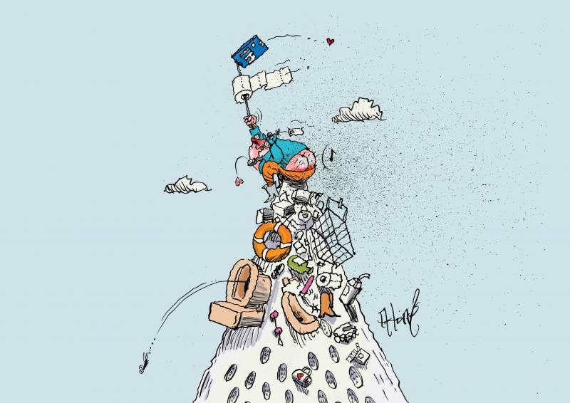 Cartoon showing the top of Mount Everest filled with trash, while a person with his pants down is sitting a the top, taking a dump.