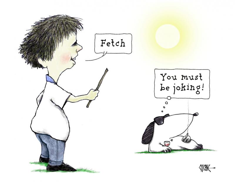 A dog is lying on the lawn, red wine and cigarette in paw, wearing sunglasses on a warm sunny day. His owner wants to play 'fetch'. The dog thinks."You must be joking!"