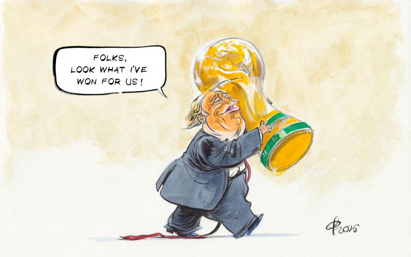 Cartoon "FIFA World Champion" from the year 2026. Donald Trump walks joyfully through the picture with a large golden FIFA World Champion trophy: He exclaims: Folks, look what I've won for us!